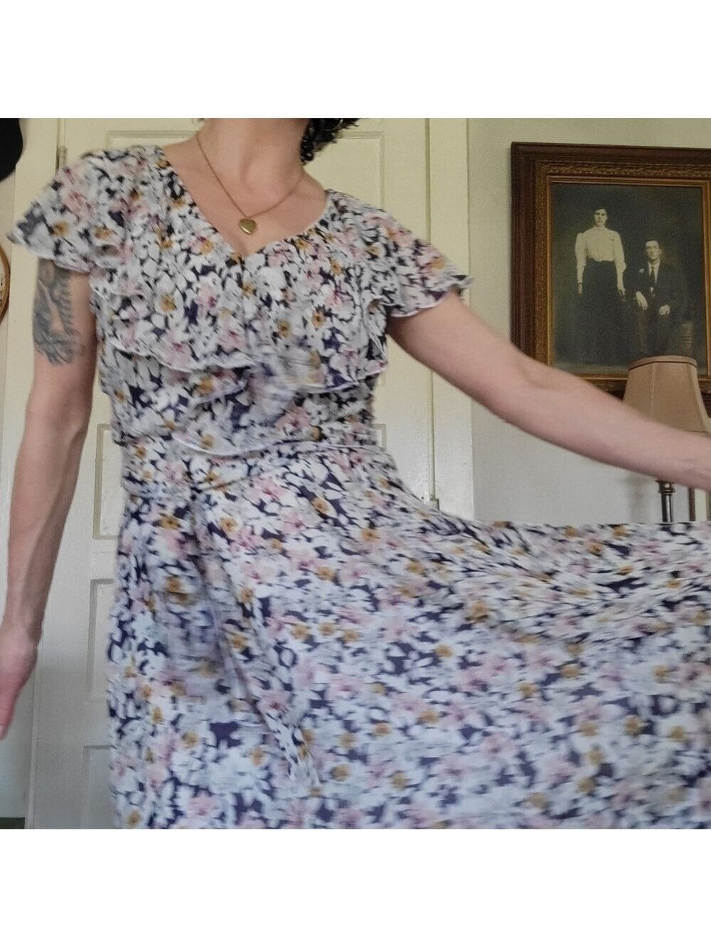 Vintage 90s Esprit Foral Ruffle Chiffon Midi Dress
